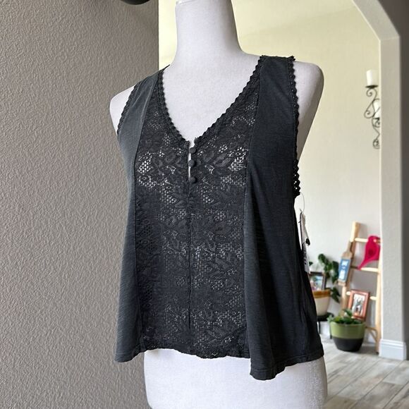 NWT BillaBong  Gray Tank Racerback Lace Flowy Lose Fit S Aztec Boho Sheer - Picture 5 of 12
